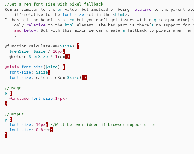 REM Font Size Mixin with Pixel Fallback Codepad